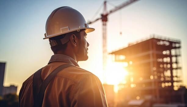 Construction worker wearing safety helmet and reflective vest stands at building site during sunset, observing progress with focused expression, capturing essence of urban development and safety photo