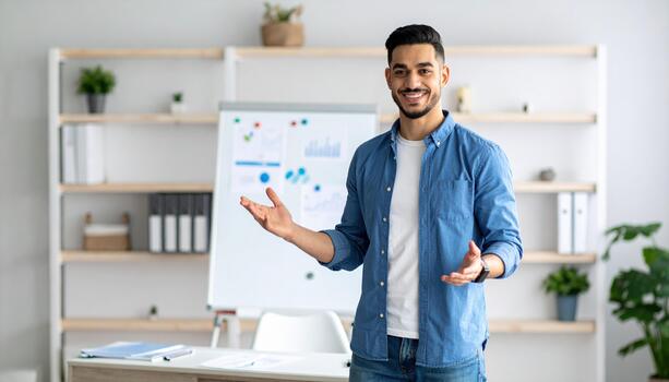 A man is standing in front of a whiteboard and gesturing photo