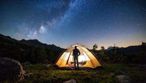 Man standing in front of tent at night with milky in the background photo