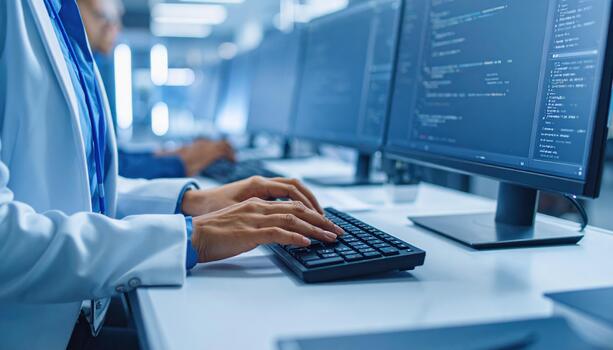 A person typing on a keyboard in front of two computer monitors photo