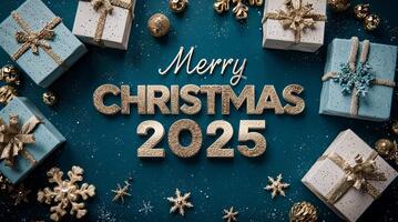 Realistic 3D Christmas background in 8K with floating gift boxes, glowing gradient ornaments Merry Christmas 2025 typography, minimalist Scandinavian setup, family together, snowflake pattern video