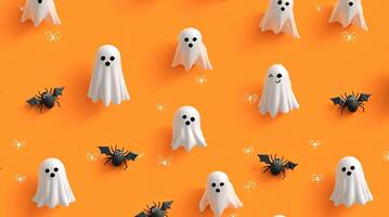 White ghosts with tiny bats and spiders floating over an orange background, Pixar-style 3D art, simple and delightful Halloween pattern with white border. video