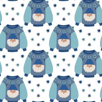 Seamless flat pattern of ugly blue Christmas sweaters with a dwarf and an elf. Decorative texture with festive elements for a festive textile print or gift wrapping paper. vector