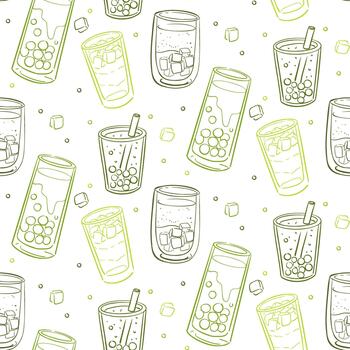 Seamless pattern with hand-drawn colored outline illustrations of various cold matcha, latte drinks in different-shaped glasses with ice. Green doodle. Perfect for cafe decoration or textile printing vector