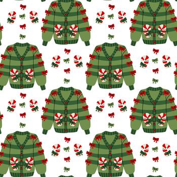 sin costura plano modelo de verde feo abotonar Navidad suéteres con un azúcar caña escote. decorativo textura con fiesta elementos para un festivo textil impresión o regalo envase papel. vector