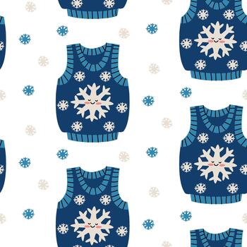 Seamless flat pattern of blue ugly sleeveless Christmas sweaters with a snowflake character. Decorative texture with festive elements for a festive textile print or gift wrapping paper vector