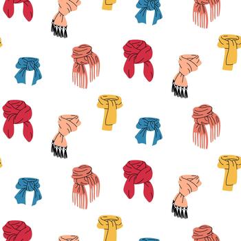 Pattern with colorful and diverse scarves. Warm scarves tied by hand in various ways with and without fringe. Cozy winter fashion texture for packaging textiles and paper. Cozy soft background vector