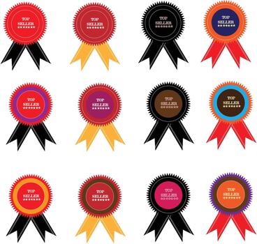 A grid of twelve abstract award ribbons and badges in various colors, featuring scribbled textures and ribbon tails. vector