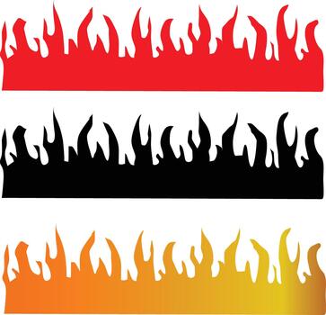 A graphic design featuring three horizontal borders of stylized flames. The top is solid red, the middle is black silhouette, and the bottom is a gradient of yellow to orange. vector