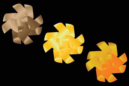 Three abstract starburst shapes in warm colors on a black background vector