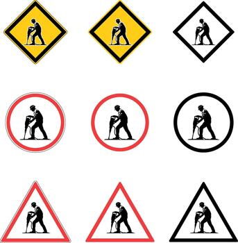 Set of traffic warning signs with a black silhouette of a worker with a pneumatic hammer in a helmet without background. vector