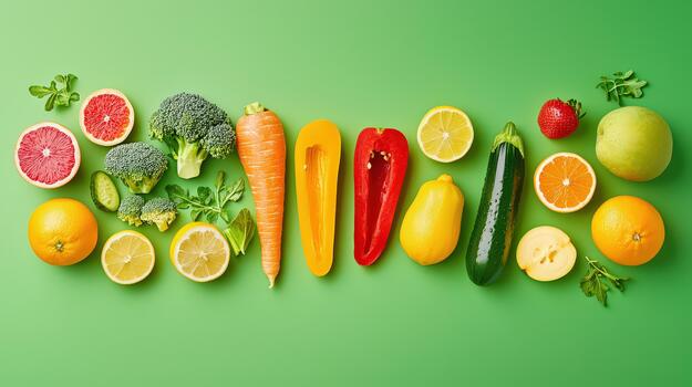 Flat lay arrangement of rainbow-colored fruits and ve photo