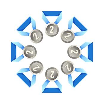 A circular arrangement of silver medals with the number two, surrounded by blue ribbons. The design symbolizes achievement and recognition in competitions. vector