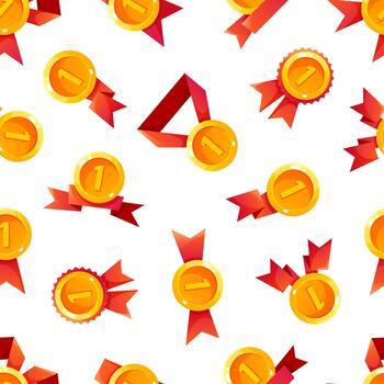 Seamless pattern of awards featuring gold medals and ribbons on a white background. The design includes various medal shapes and sizes, emphasizing achievement. vector