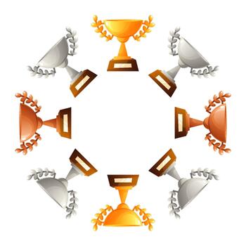 A circular frame made of trophies in gold, silver, and bronze. The trophies are arranged symmetrically, showcasing their distinct colors and designs. vector