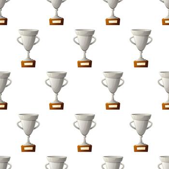 Seamless pattern of silver trophy cups with wooden bases. The design features multiple identical trophies arranged in a grid on a white background. vector