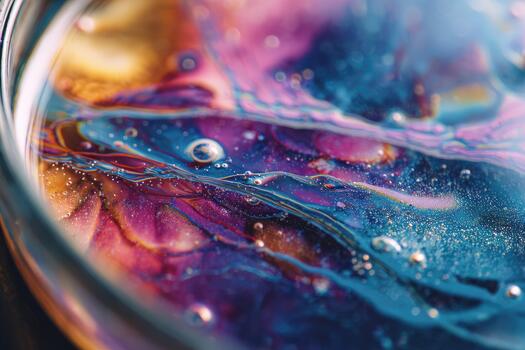 Close-up of colorful liquid with swirling patterns and bubbles. The vibrant hues include purple, blue, and gold, creating an abstract visual effect. photo