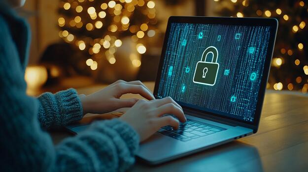 persona tipos en un ordenador portátil con un candado símbolo en un festivo ambiente foto