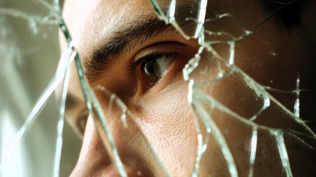 Man looks through shattered glass reflecting on past mistakes with a somber mood photo
