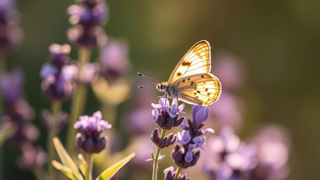 A butterfly rests on a blooming lavender flower in sunlight with a blurred natural background. photo