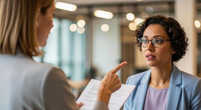 Two professional women in an office setting discuss a document, one pointing to the paper with a concerned expression photo