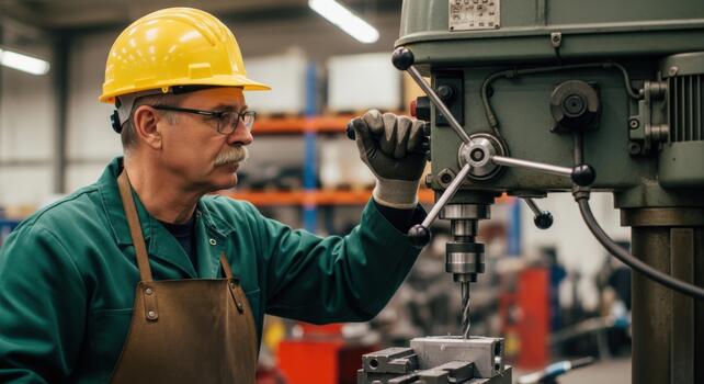 Skilled craftsman operating a heavy-duty industrial drill press in a workshop setting photo