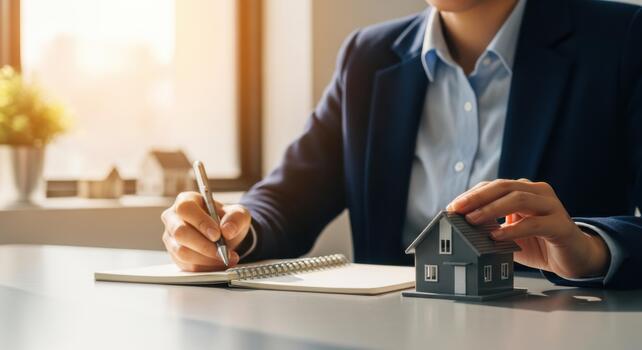 Real Estate Agent Working on a Notebook with a Small House Model in Hand photo