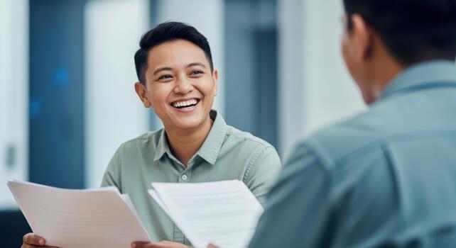 Smiling Asian man in a light green collared shirt during a job interview holds papers and engages with an unseen interviewer photo