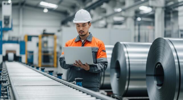 Professional engineer utilizing a laptop to manage modern factory operations, overseeing advanced manufacturing processes with large metal coils in a high-tech industrial facility photo
