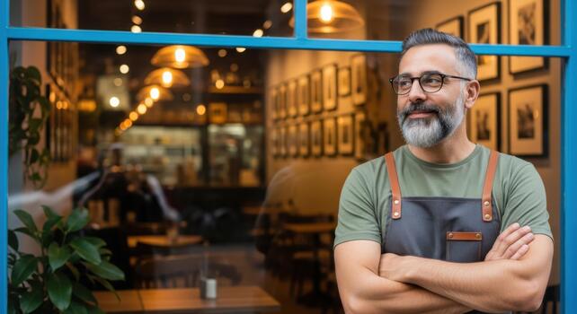A confident, middle-aged man wearing glasses and an apron stands with his arms crossed in front of a cafe window photo