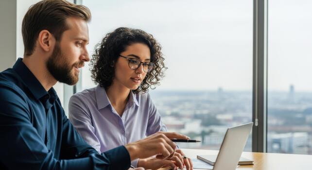 Professional man and woman discussing business strategy while looking at a laptop screen in a high-rise office photo