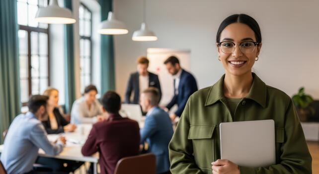 Smiling young businesswoman in a modern office, confidently holding a laptop with her diverse team collaborating in a dynamic background meeting photo