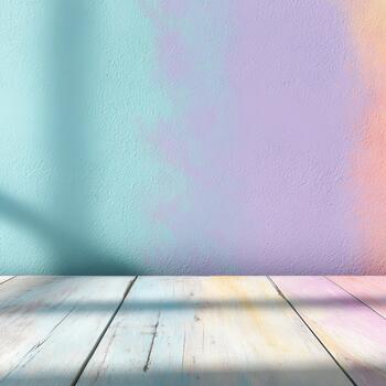Pastel wall colorful gradient light wood table soft shadow minimal background empty space studio backdrop textured surface turquoise lavender photo