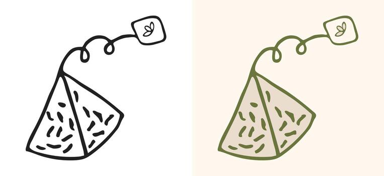 Hand drawn sketch illustration of a modern triangle or pyramid shaped tea bag with a string and label. Line art doodle style outline drawing isolated on a white background, vector