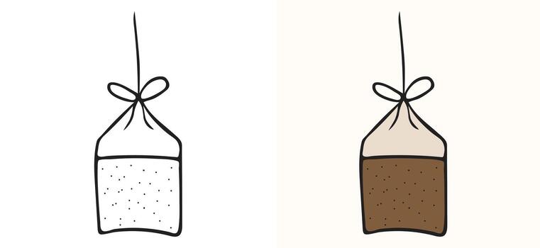 Hand drawn sketch illustration of a simple tea bag tied with a string. Line art doodle style outline drawing isolated on a white background for hot drink designs. vector