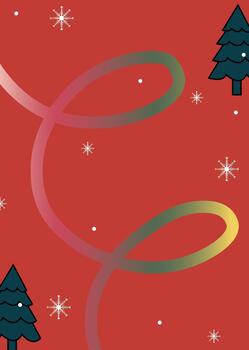 a red background with a christmas tree and a rainbow ribbon vector