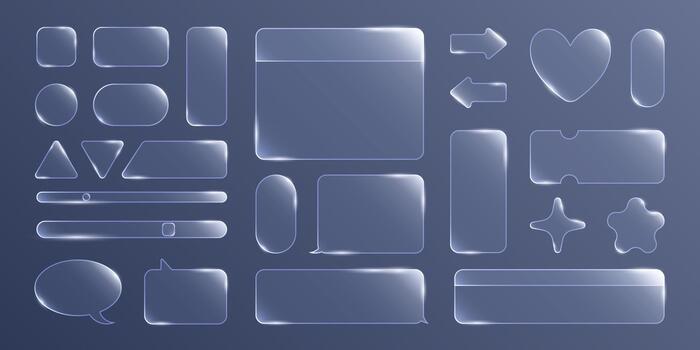A glassmorphism set with translucent UI frames, shapes, and backgrounds with soft glow effects, designs for interfaces and elegant digital designs. vector