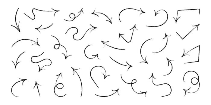 dibujado a mano carbón flecha colección presentando curvo, bucle, y dinámica direcciones. elementos para reflejos, notas, creativo diseños, y gráfico diseño acentos vector