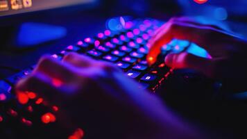 Hands Typing on a Backlit Keyboard in a Dark Setting with Neon Glows and Technology Vibe video