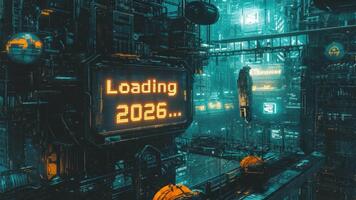 futuristisch Cyberpunk Stadtbild mit Neon- Beleuchtung und Digital Anzeige Wird geladen 2026 im ein Sci-Fi Umgebung video