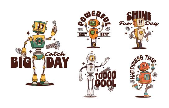 Retro robot groovy characters stickers of droids vector