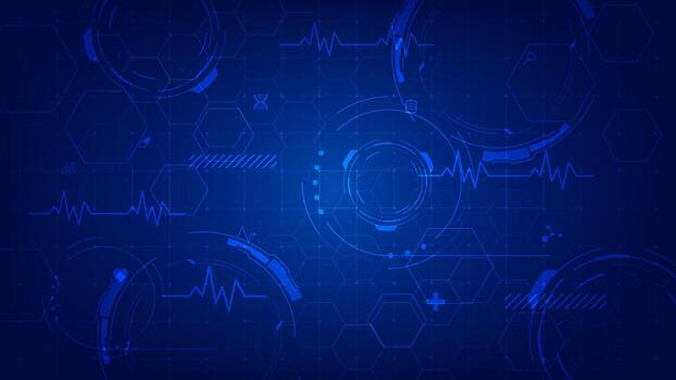 Abstract medical technology background. Blue hexagonal pattern with heartbeat lines, HUD interface, and health symbols. vector