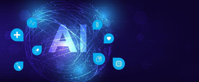 AI healthcare technology background with glowing circuits, medical icons, and digital sphere. Futuristic for innovation, medtech, and health data. vector