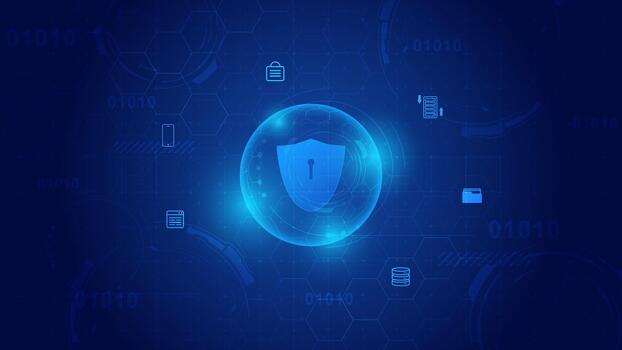 Futuristic cyber security background. Blue shield with lock symbol, binary code, and hexagon pattern for digital data protection banner. vector