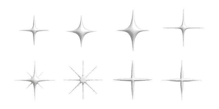 conjunto de granoso brillar estrellas con suave resplandor y trama de semitonos textura. mínimo ligero estallidos y radiante Destacar para decoración, limpiar gráfico acentos, centelleo efectos y resumen reluciente diseño vector