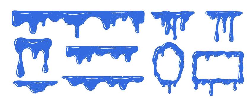 Set of blue dripping frames with liquid paint shapes. Melted borders, splash elements and fluid doodle outlines for creative design, stickers, bold graphic accents and abstract decorative compositions vector