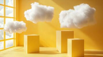 brillante y vistoso interior escena con amarillo paredes, nubes, y geométrico formas en natural ligero video