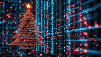 digital jul träd med stjärna mot bakgrund av data strömmar och lysande partiklar i färgrik teknologi miljö video