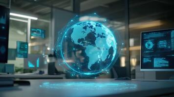 futuristico digitale globo con dati visualizzazione e High Tech interfaccia nel moderno ufficio ambientazione video