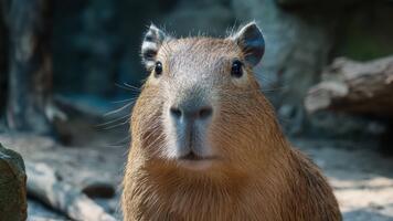 närbild av en capybara i en naturlig livsmiljö miljö med detaljerad textur och uttryck fångad i mjuk belysning video